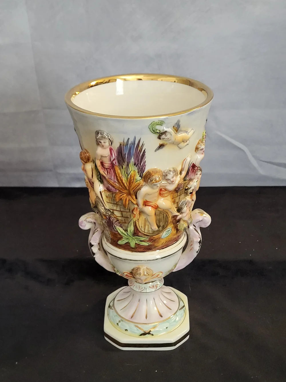 Numbered Ornate White and Gold Porcelain Urn Vase with Multicolor Relief